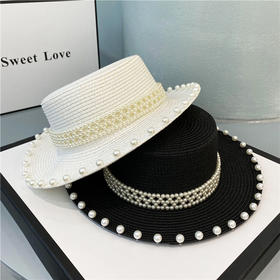 赫本风帽子海边珍珠草编草帽遮阳帽复古网红平顶礼帽