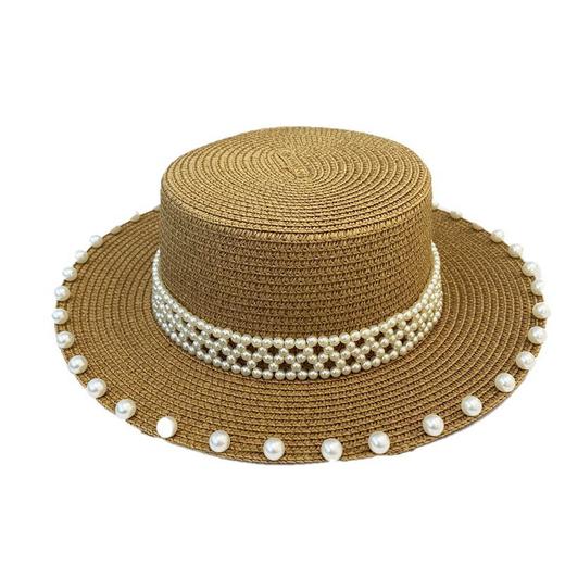 赫本风帽子海边珍珠草编草帽遮阳帽复古网红平顶礼帽 商品图4