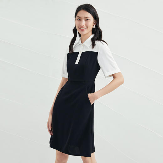 EITIE爱特爱夏季新款黑白撞色通勤时尚气质翻领收腰a字连衣裙B2207916 商品图4