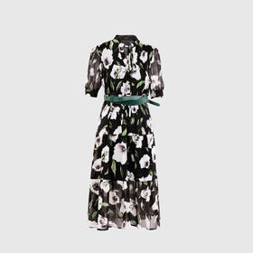 领系带前身倒折连衣裙