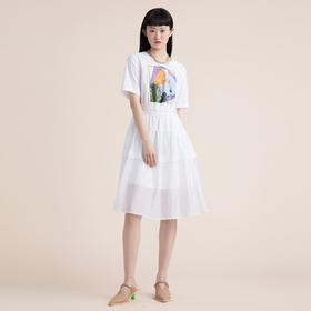 谜底2022夏季新款时髦通勤舒适拼接收腰圆领短袖连衣裙222ML0617