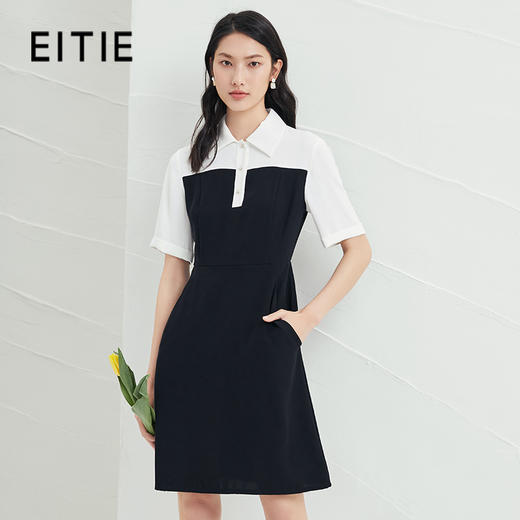 EITIE爱特爱夏季新款黑白撞色通勤时尚气质翻领收腰a字连衣裙B2207916 商品图0