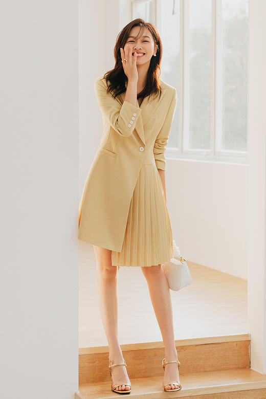 高端黄色连衣裙女春秋新款时尚ol不规则职业西装裙通勤 商品图5