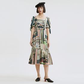 【不规则印花】谜底连衣裙纯棉印花泡泡袖收腰长裙225ML6076