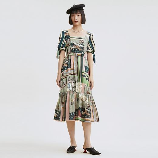 【不规则印花】谜底连衣裙纯棉印花泡泡袖收腰长裙225ML6076 商品图0