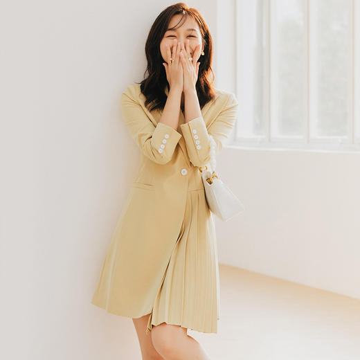 高端黄色连衣裙女春秋新款时尚ol不规则职业西装裙通勤 商品图1