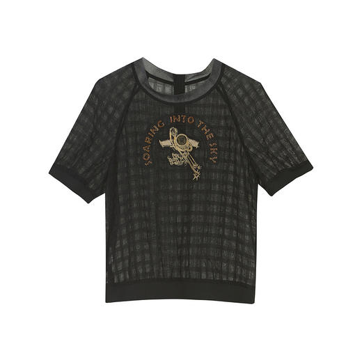 谜底2022夏季新简约复古图案刺绣圆领雪纺短袖上衣女222MS0555 商品图4