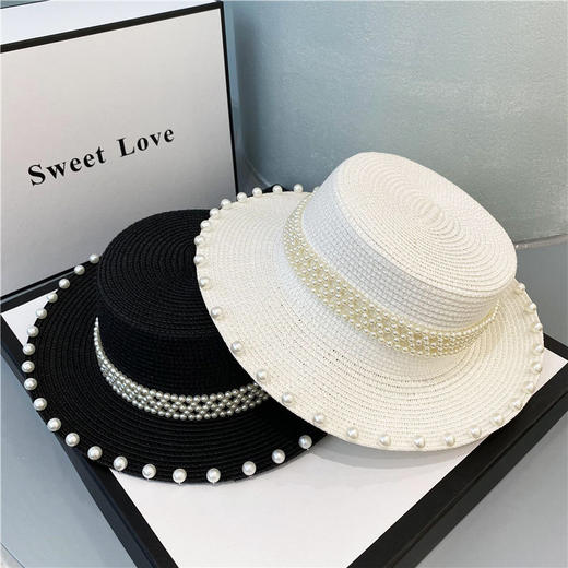 赫本风帽子海边珍珠草编草帽遮阳帽复古网红平顶礼帽 商品图2