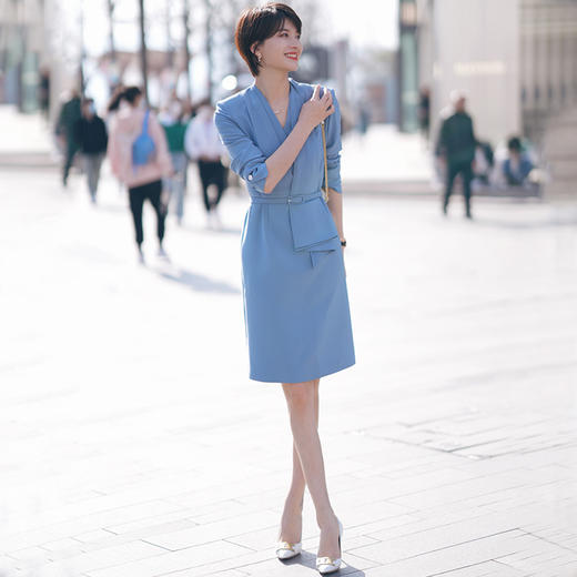 时尚简约轻奢气质大气连衣裙女中袖v领系带 商品图0