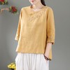 XY-BS9235 2022夏季新款复古盘扣棉麻中袖V领T恤衫宽松大码文艺刺绣亚麻上衣 商品缩略图4