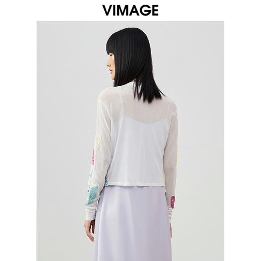 VIMAGE/纬漫纪夏季新款修身V领刺绣长袖针织衫开衫女V1701313 商品图4