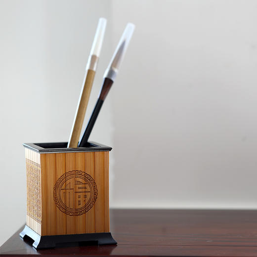 百福°紫光檀镶碳化竹笔筒 商品图3