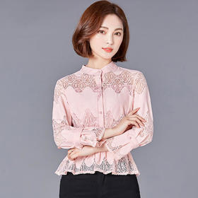 AHM-sscl1037新款时尚优雅气质立领长袖镂空蕾丝打底衫
