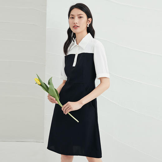 EITIE爱特爱夏季新款黑白撞色通勤时尚气质翻领收腰a字连衣裙B2207916 商品图1