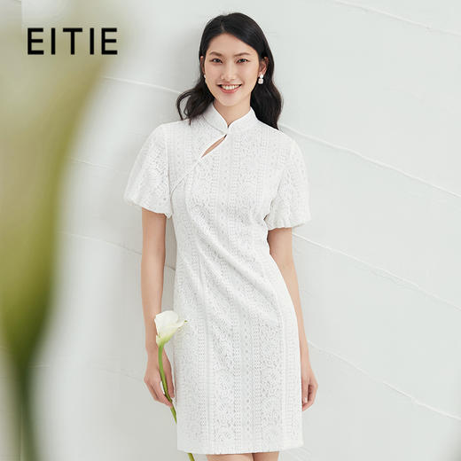 EITIE爱特爱夏季新款白色斜襟盘扣淡雅气质中国风旗袍连衣裙B2207906 商品图0