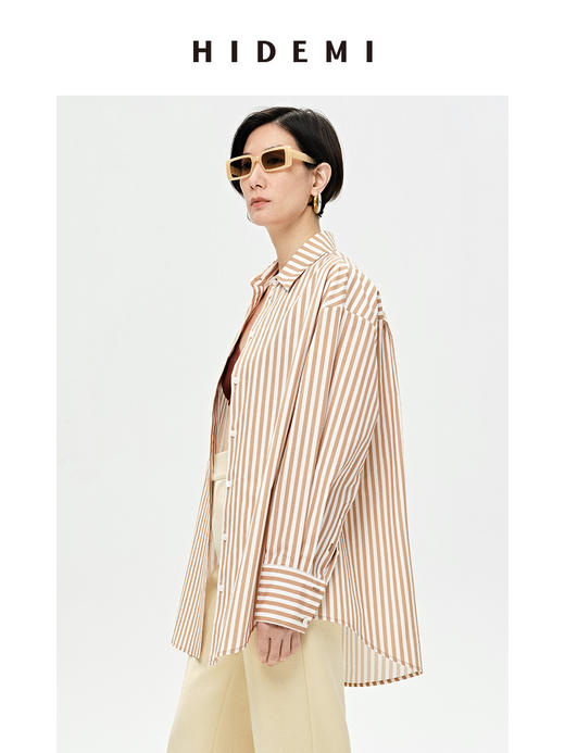 HIDEMI 极简设计感暖橘色条纹休闲经典款廓形高支棉衬衫 商品图6