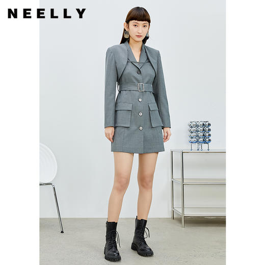 NEELLY纳俪西装连衣裙女中长款单排扣收腰A字裙气质通勤A字裙个性N22031Y01138 商品图3