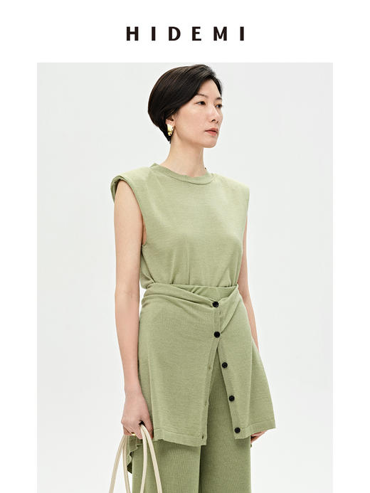 HIDEMI 真丝羊毛超细针织呼吸透感亲肤垫肩圆领无袖上衣 商品图0