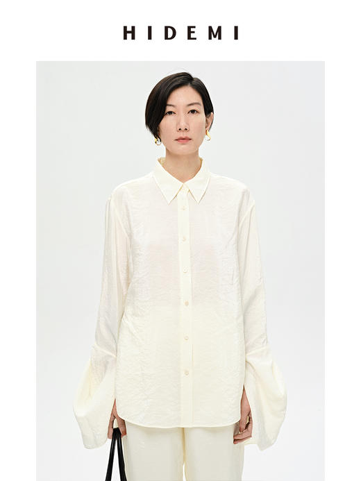 HIDEMI 【麦子同款】极简设计感花苞堆堆袖衬衫垂顺亲肤缎感衬衫套装  衬衫/长裤  乳白色/饼干色 商品图11
