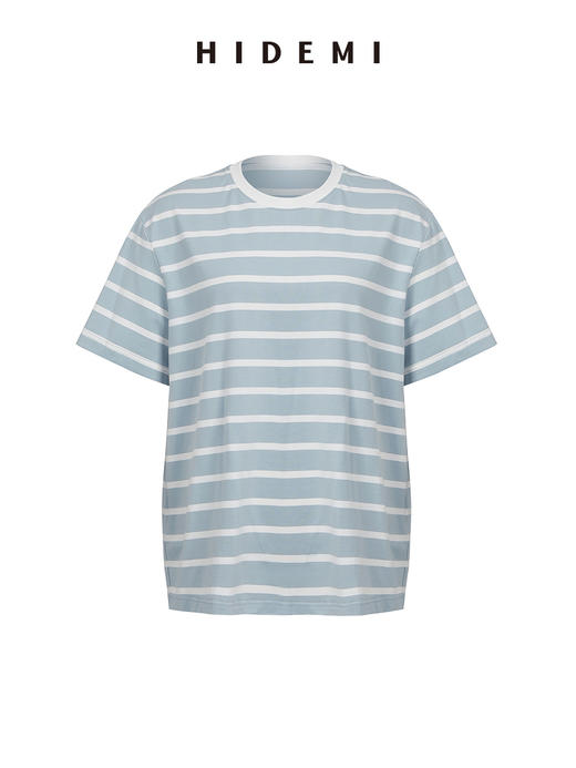 HIDEMI 条纹高密棉圆领亲肤百搭廓形T恤 黑白条纹/蓝白条纹/棕白条纹 商品图13