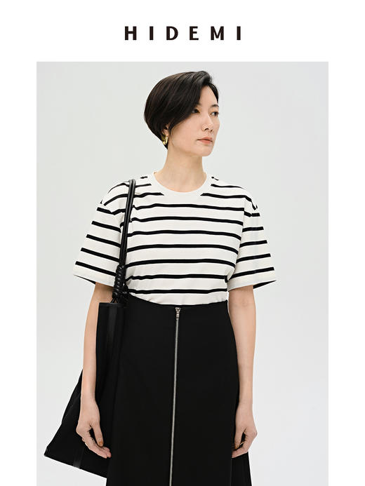 HIDEMI 条纹高密棉圆领亲肤百搭廓形T恤 黑白条纹/蓝白条纹/棕白条纹 商品图0