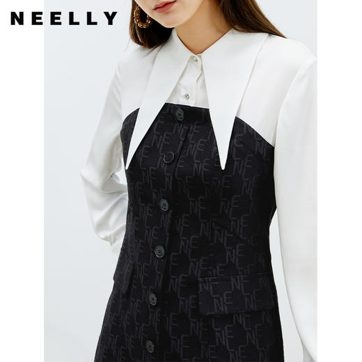 NEELLY纳俪商场同款春季连衣裙女尖尖领衬衫式拼接裙子收腰A字裙N22022Y01092 商品图1