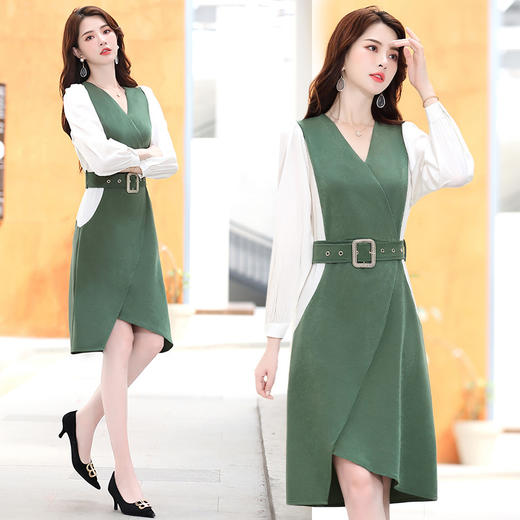 新款优雅修身韩版时尚V领设计拼色中长款连衣裙  HR-WY60659 商品图3