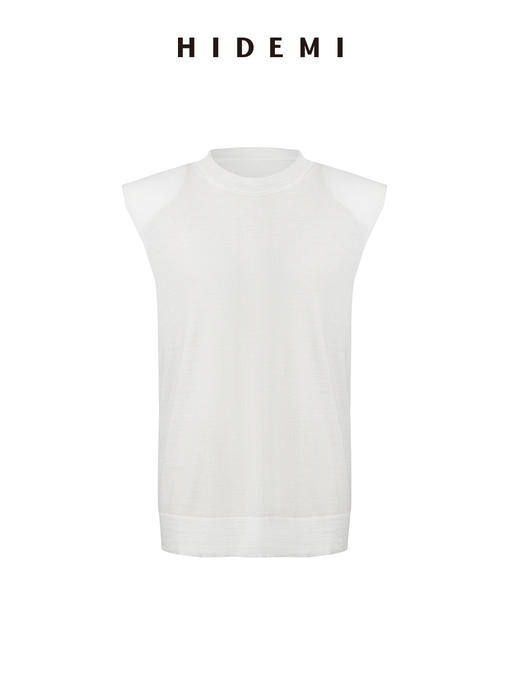 HIDEMI 真丝羊毛超细针织呼吸透感亲肤垫肩圆领无袖上衣 商品图10