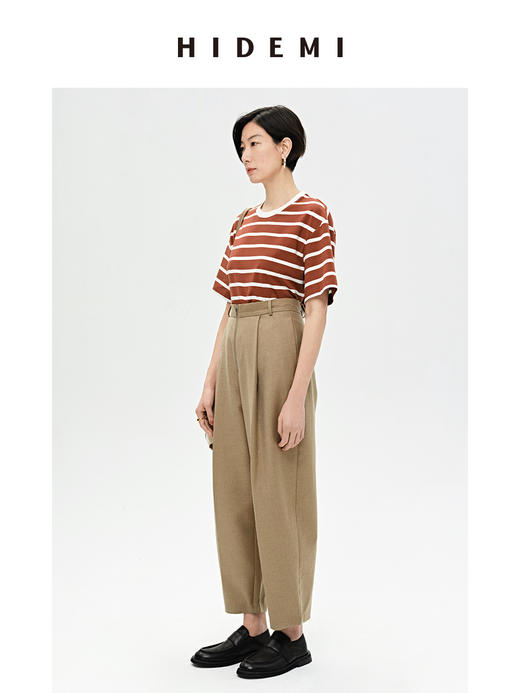 HIDEMI 条纹高密棉圆领亲肤百搭廓形T恤 黑白条纹/蓝白条纹/棕白条纹 商品图5