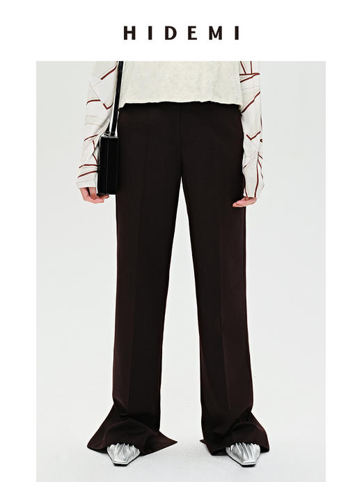 HIDEMI 显瘦高腰拉长感微阔腿宽松长裤 奶油黄/深棕 商品图2