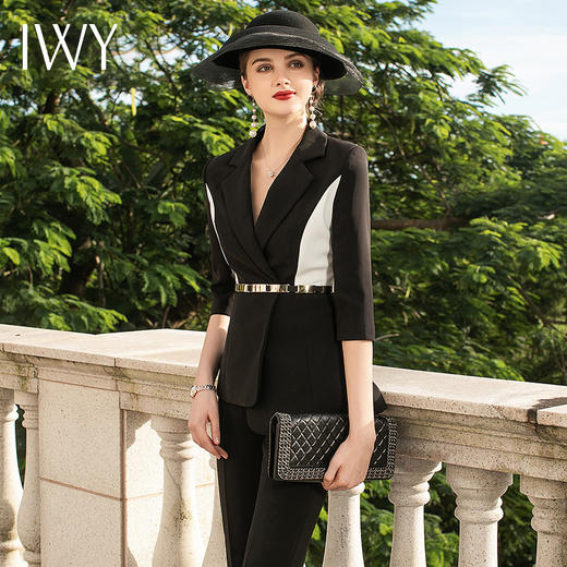 IWY/时尚黑白拼接七分袖西装套裤女士职业装气质绑带西服售楼部工作服C1193+P433 商品图4