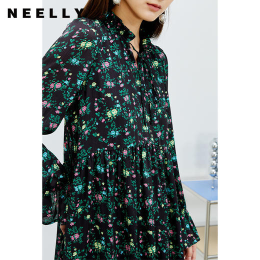 NEELLY纳俪气质立领系带碎花连衣裙2022新款春夏泡泡袖中长裙韩版N22031Y01136 商品图1