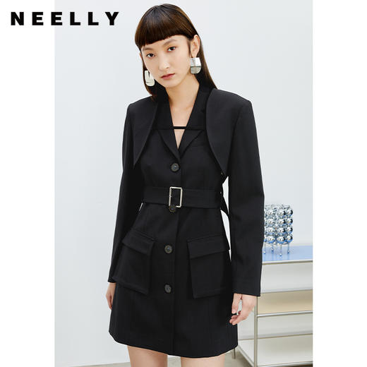 NEELLY纳俪西装连衣裙女中长款单排扣收腰A字裙气质通勤A字裙个性N22031Y01138 商品图0