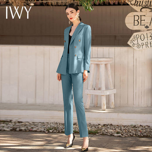 IWY/高级感西装套装女气质孔雀蓝西服职业装播音艺考主持正装工作服Ol CP1522 商品图0