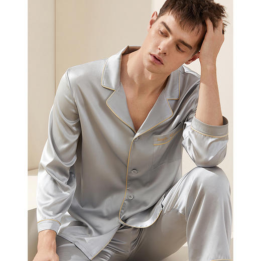 金三塔真丝睡衣绣花两件套男重磅100%桑蚕丝长袖简约家居服睡衣衣裤套  YSMAA201（限价款） 商品图4