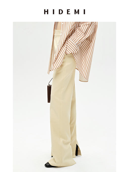 HIDEMI 显瘦高腰拉长感微阔腿宽松长裤 奶油黄/深棕 商品图9