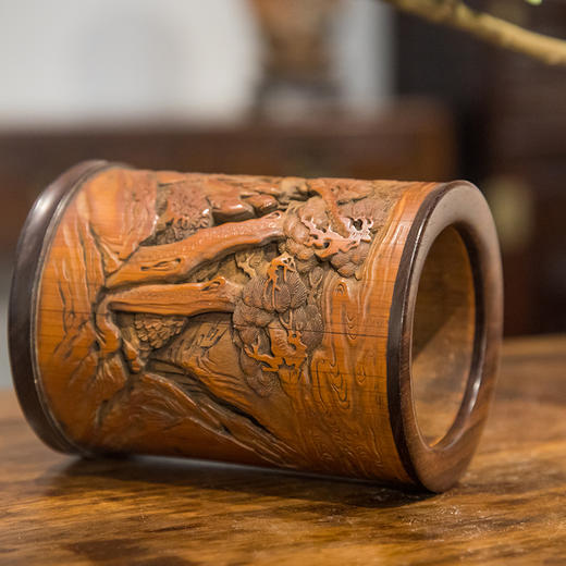 清 竹雕竹林七贤笔筒（红木口底） 商品图4