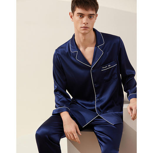 金三塔真丝睡衣绣花两件套男重磅100%桑蚕丝长袖简约家居服睡衣衣裤套  YSMAA201（限价款） 商品图1