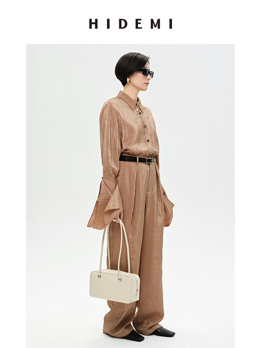 HIDEMI 【麦子同款】极简设计感花苞堆堆袖衬衫垂顺亲肤缎感衬衫套装  衬衫/长裤  乳白色/饼干色 商品图3
