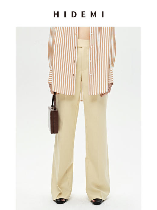 HIDEMI 显瘦高腰拉长感微阔腿宽松长裤 奶油黄/深棕 商品图7