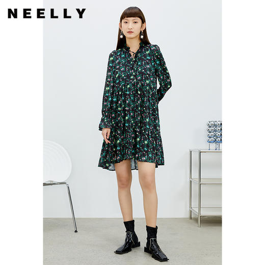 NEELLY纳俪气质立领系带碎花连衣裙2022新款春夏泡泡袖中长裙韩版N22031Y01136 商品图3