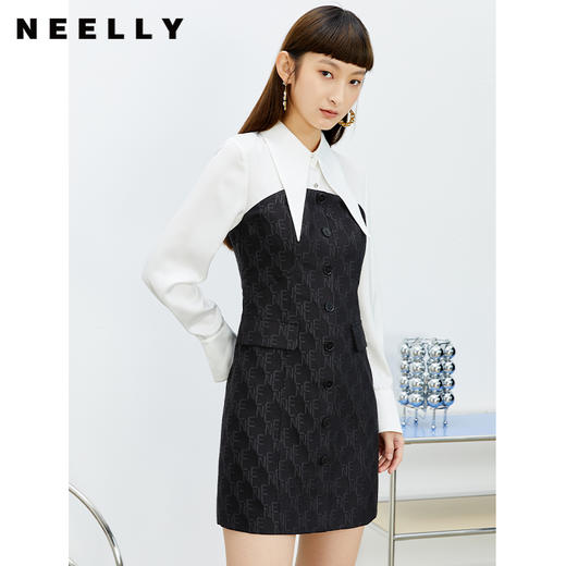 NEELLY纳俪商场同款春季连衣裙女尖尖领衬衫式拼接裙子收腰A字裙N22022Y01092 商品图3