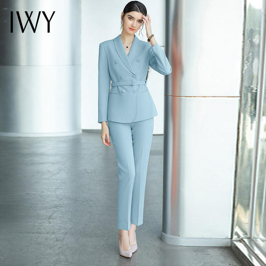IWY/气质天蓝色绑带西装套装女2022新款时尚播音主持美容院通勤工作服 CP1490 商品图0
