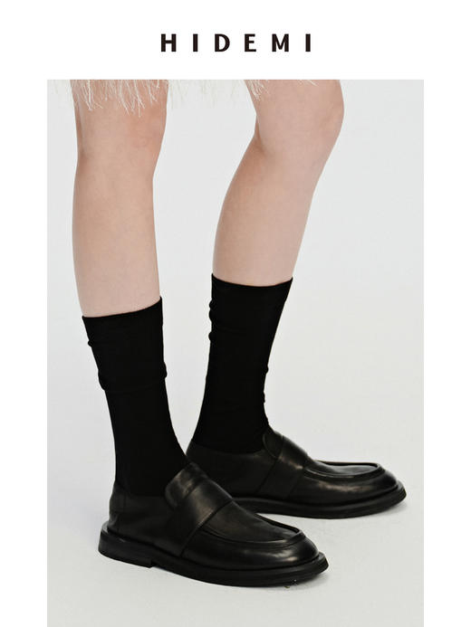 HIDEMI 简约设计感牛皮一脚蹬式厚底圆头皮鞋 黑色/白色 商品图7