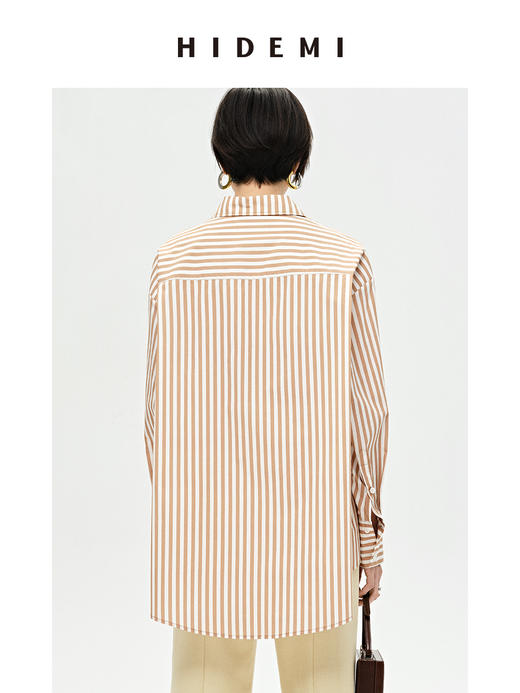 HIDEMI 极简设计感暖橘色条纹休闲经典款廓形高支棉衬衫 商品图7
