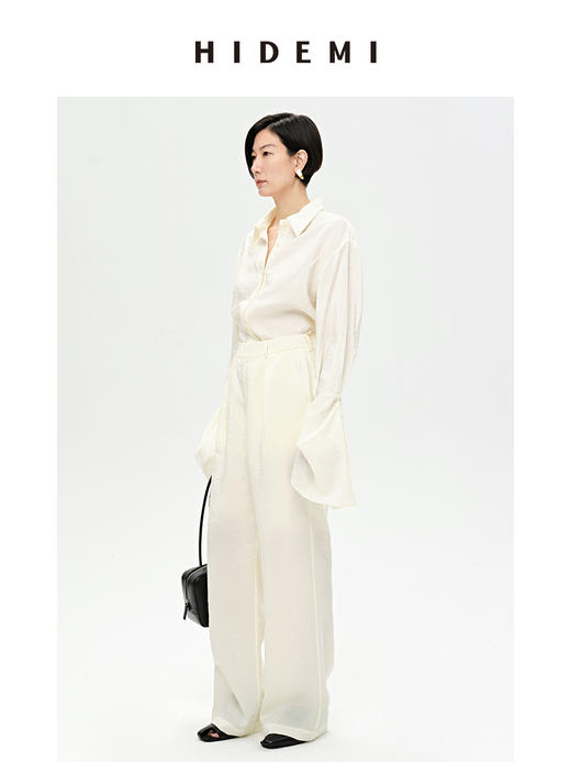 HIDEMI 【麦子同款】极简设计感花苞堆堆袖衬衫垂顺亲肤缎感衬衫套装  衬衫/长裤  乳白色/饼干色 商品图2