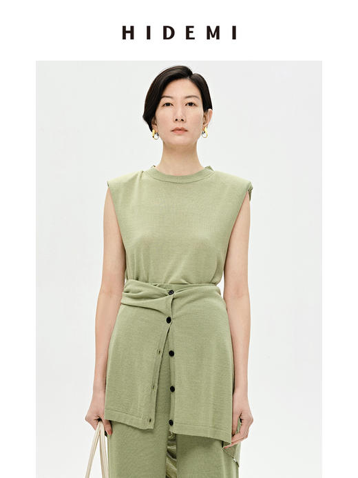 HIDEMI 真丝羊毛超细针织呼吸透感亲肤垫肩圆领无袖上衣 商品图7