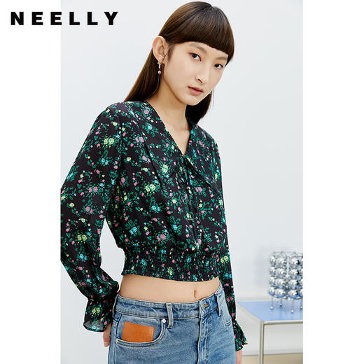NEELLY纳俪商场同款碎花衬衫女气质小翻领短款收腰小衫喇叭袖春夏N22031R01121 商品图1