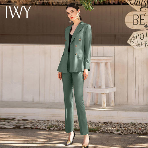 IWY/绿色双排扣显瘦西装套装女2022新款上班面试工作服商务工作服正装CP1522- 商品图1