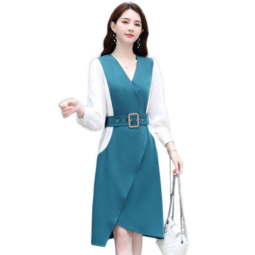 新款优雅修身韩版时尚V领设计拼色中长款连衣裙  HR-WY60659 商品图4